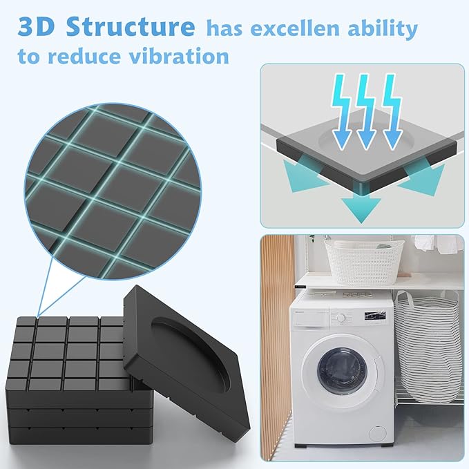 Anti Vibration Pads' advantages with 3D structure shown on a washing machine, highlighting its ability to reduce vibration.
