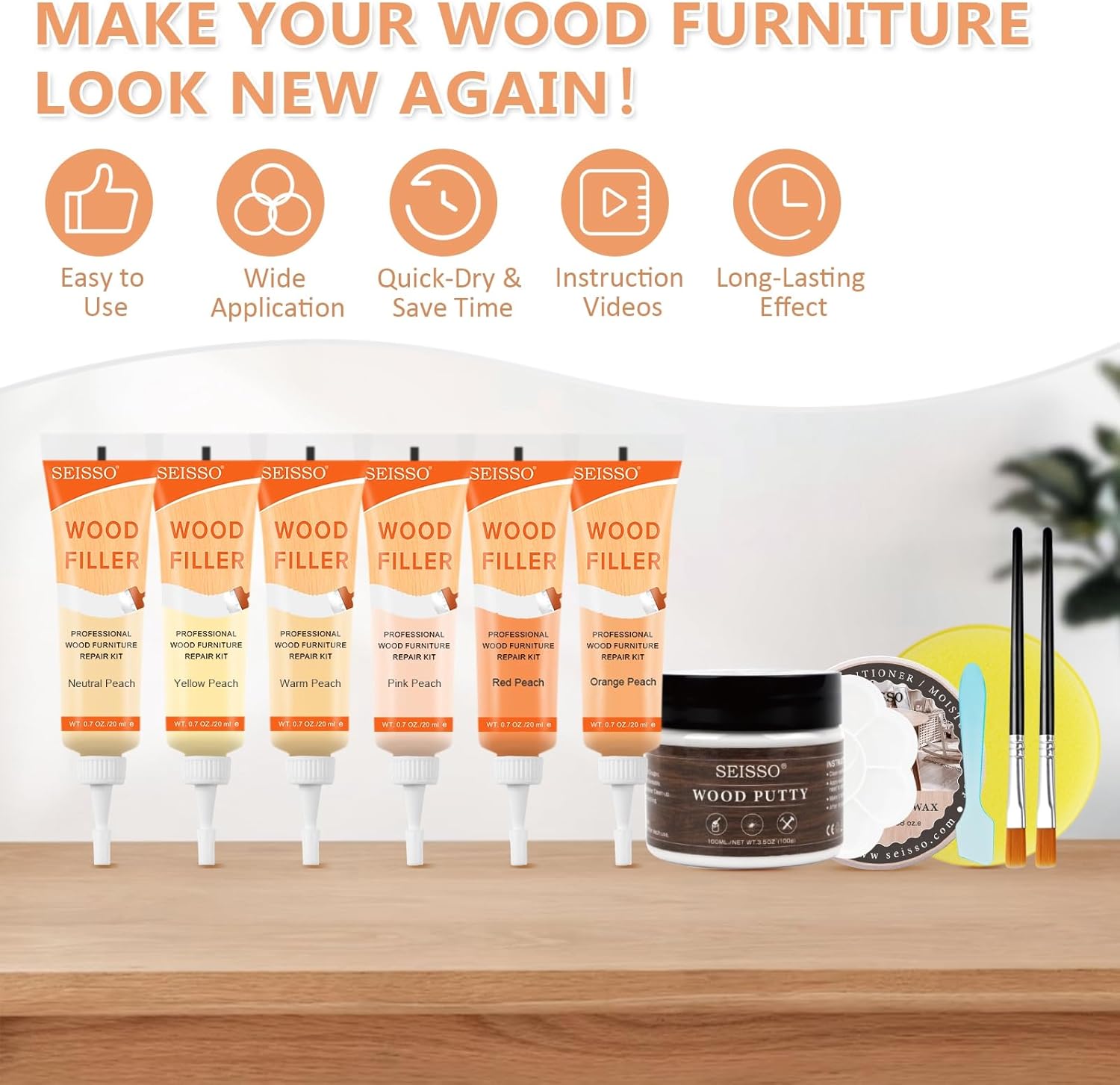 SEISSO Wood Repair Kit – 16 PCS Peach Wood Fillers & Putty Set