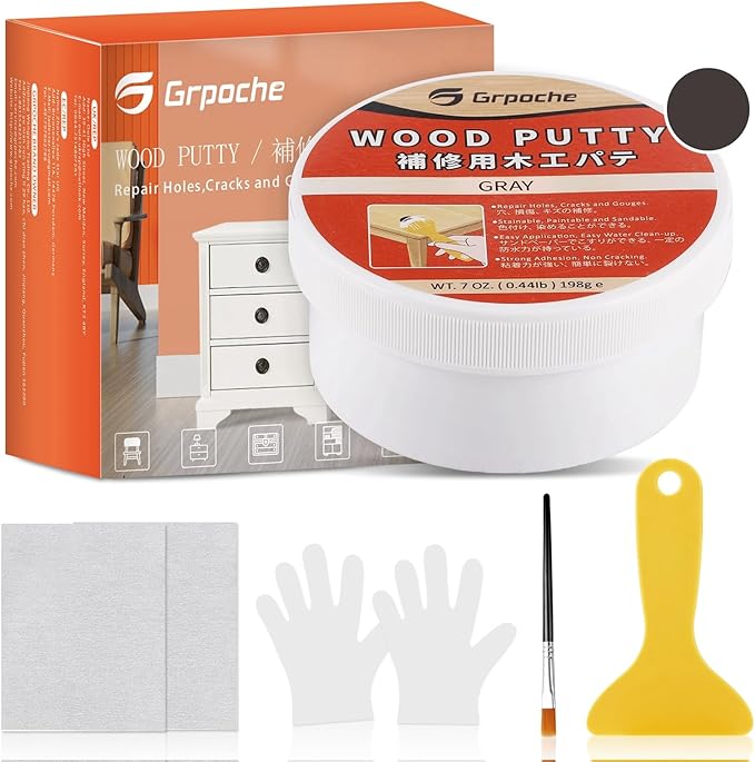 GRPOCHE Gray Wood Filler Putty – Paintable & Stainable, 7oz Furniture Repair Kit