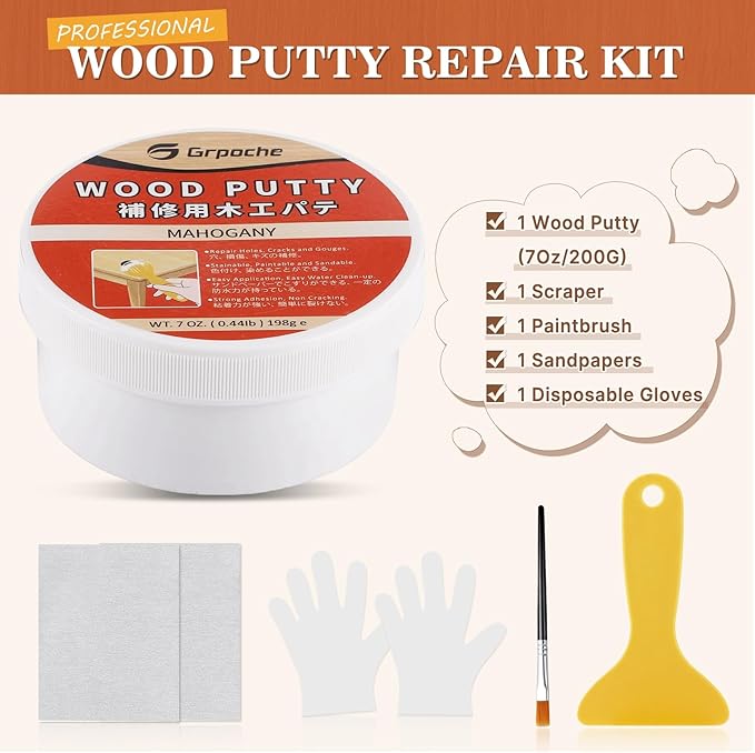 GRPOCHE Gray Wood Filler Putty – Paintable & Stainable, 7oz Furniture Repair Kit