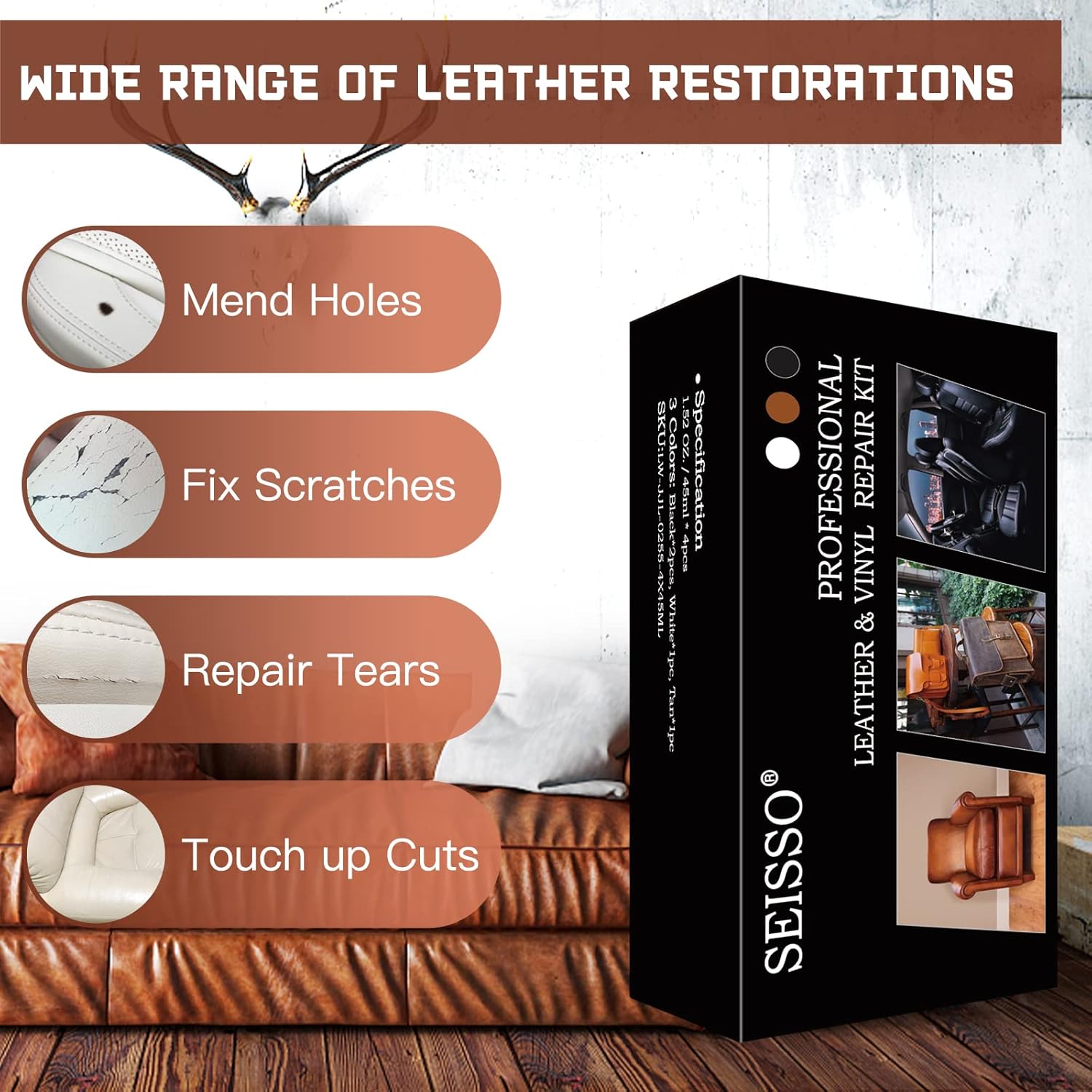 SEISSO ビニール&レザー補修キット(家具、車のシート、ソファ、ジャケット、財布用)