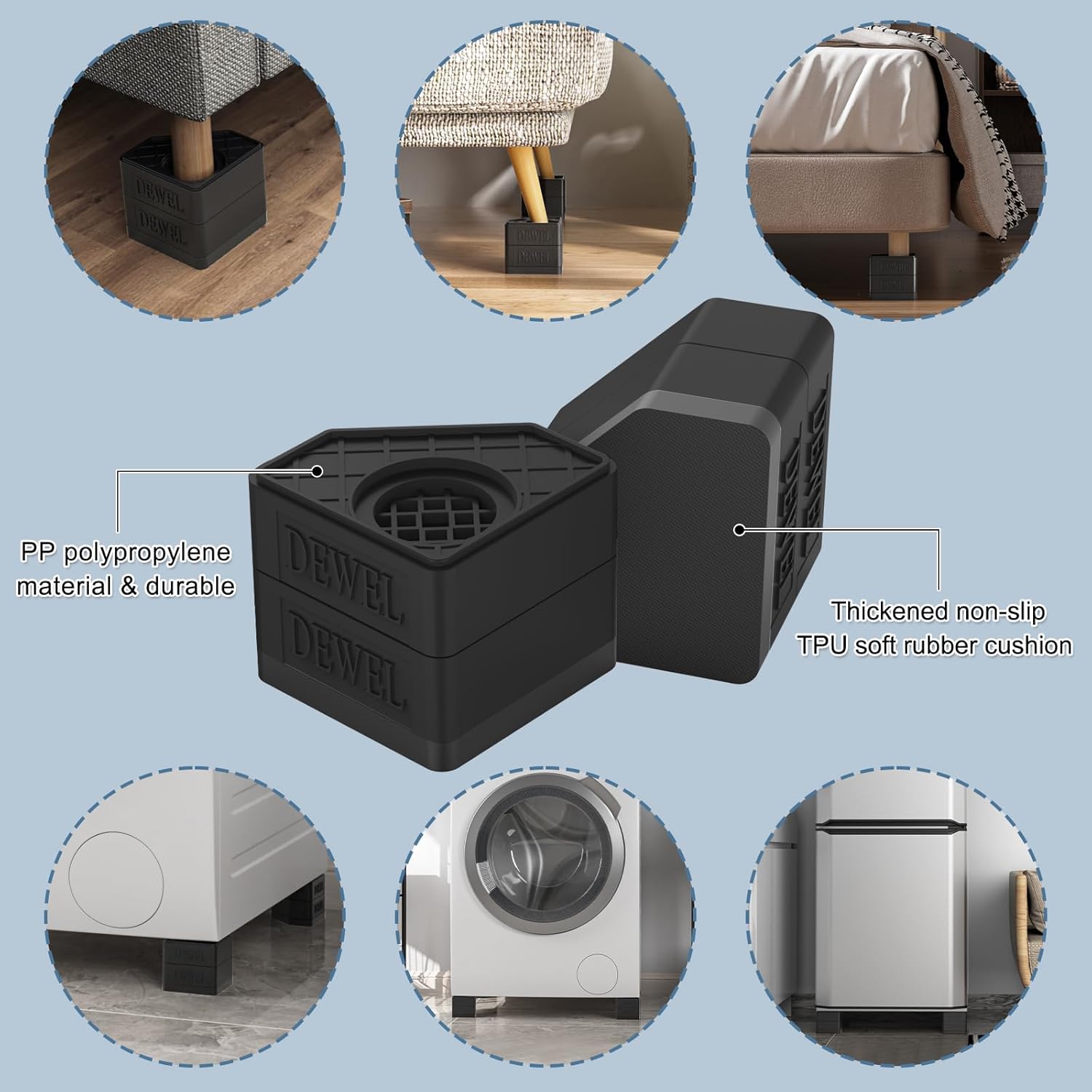 Black Anti Vibration Pads can adapt to different furniture legs with text on a light blue background