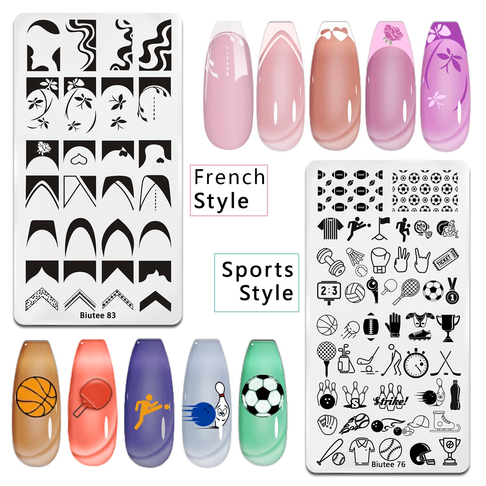Biutee Nail Stamping Kit – 10PCS French Line Plates with Silicone Stamper for DIY Manicure & Salon Nail Art