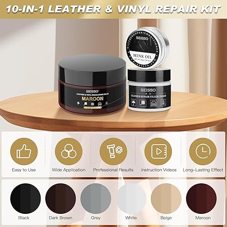 SEISSO Maroon Leather Repair Kit with Recoloring Balm & Mink Oil for Furniture, Shoes, Car Seats