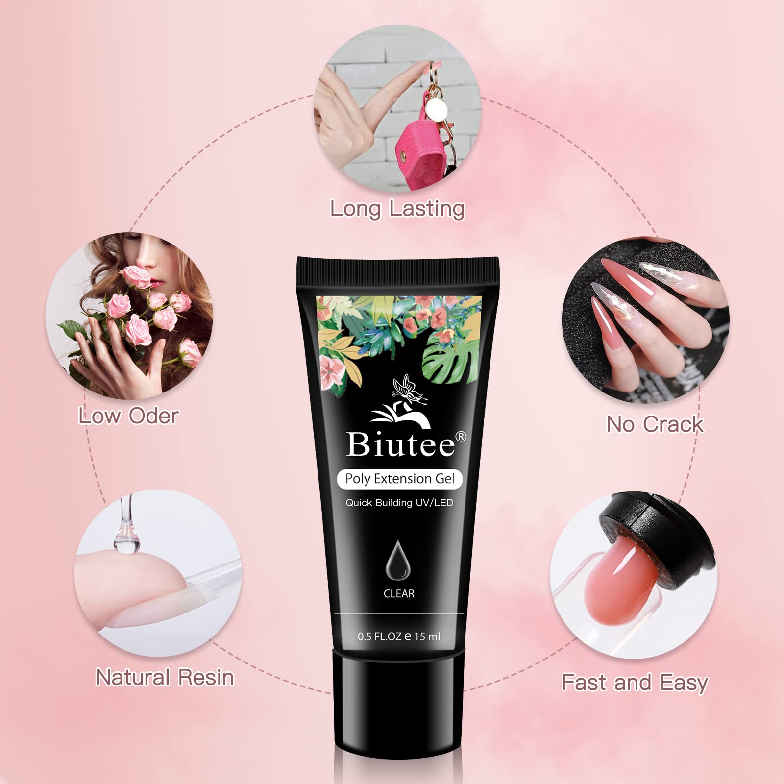 Poly Nail Extension Gel Kit – 7 Colors Builder Gel with Temperature Change, Glitter, Clear & Pink for DIY Manicure at Home