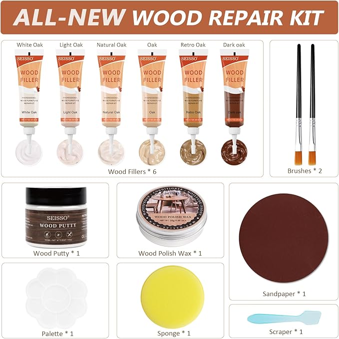 SEISSO Oak Wood Repair Kit – 6 Colors Fillers & Tools for Furniture & Floor Scratch Repair