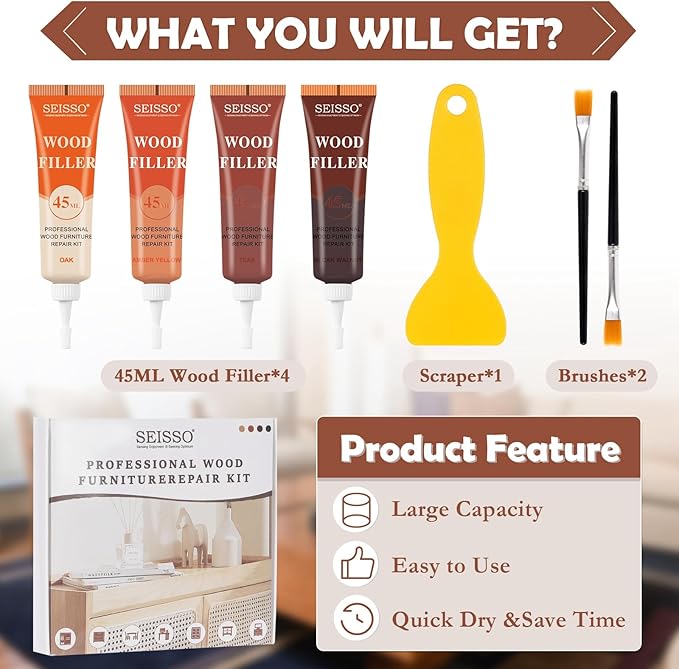 SEISSO Wood Repair Kit for Oak, Walnut & Laminate Furniture 45ml with 4 Color Fillers