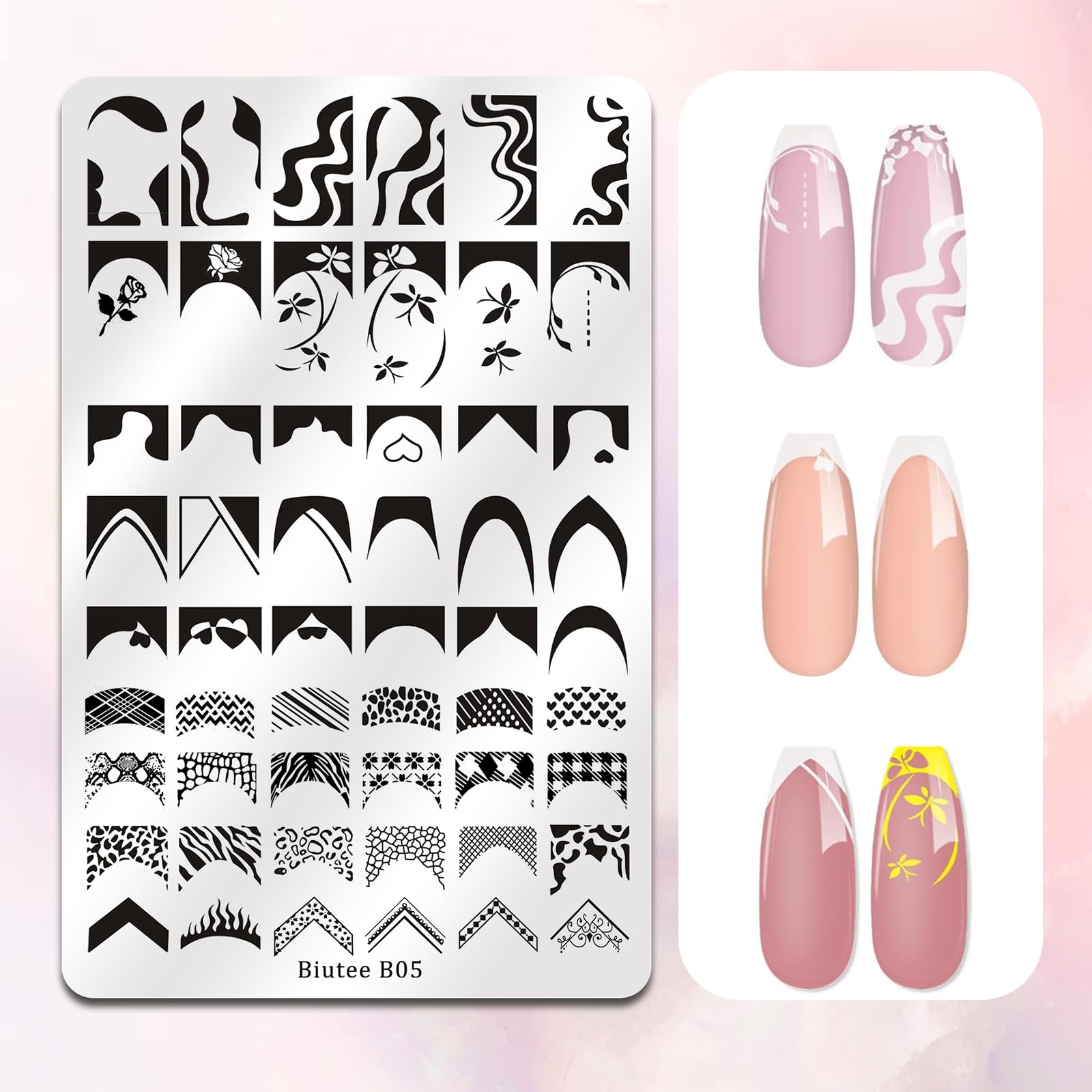 Biutee French Tip Nail Stamping Kit – 2PCS Lace Plates with Stamper & Scraper, DIY Nail Art Templates for Manicure