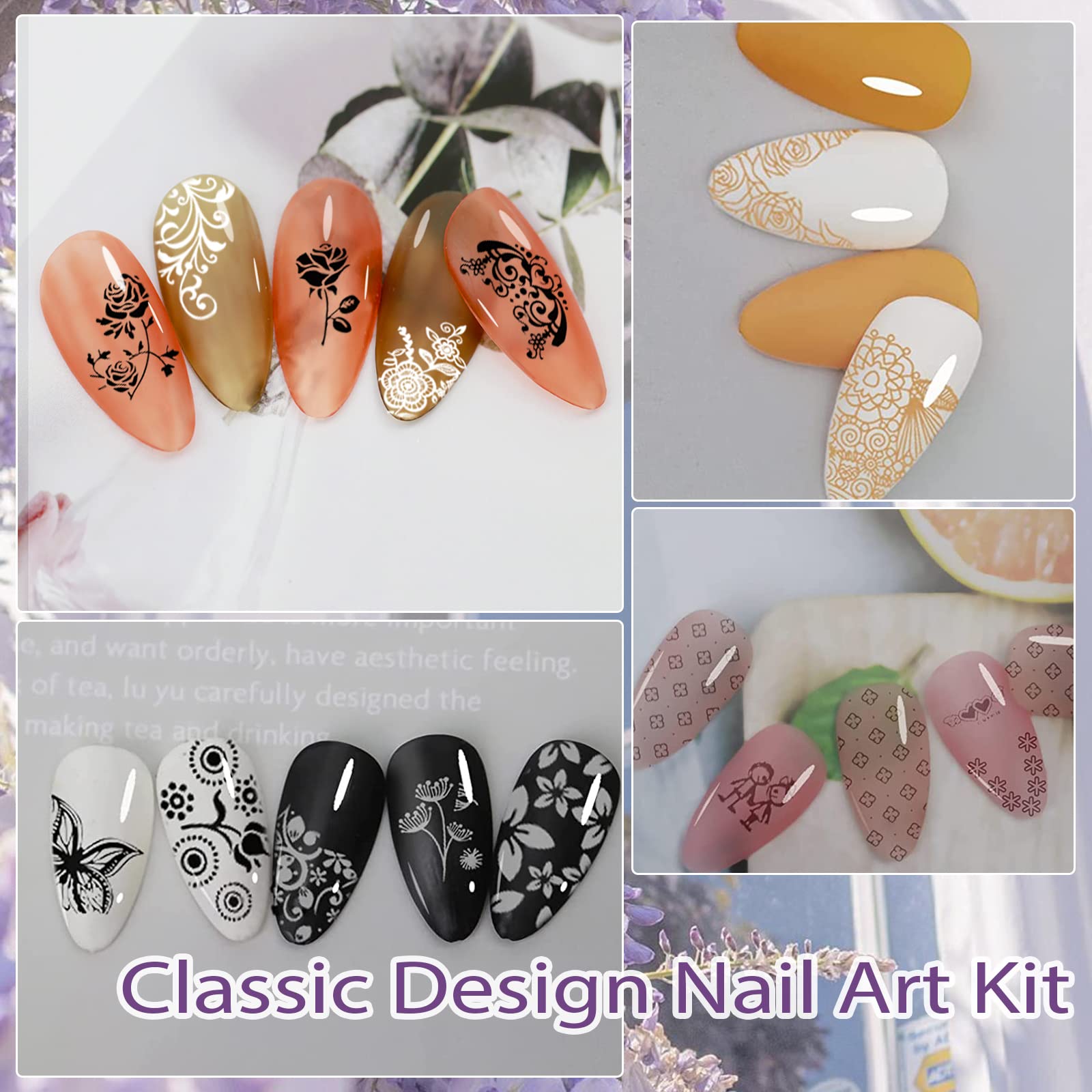 Biutee French Tip Nail Stamping Kit – 2PCS Lace Plates with Stamper & Scraper, DIY Nail Art Templates for Manicure