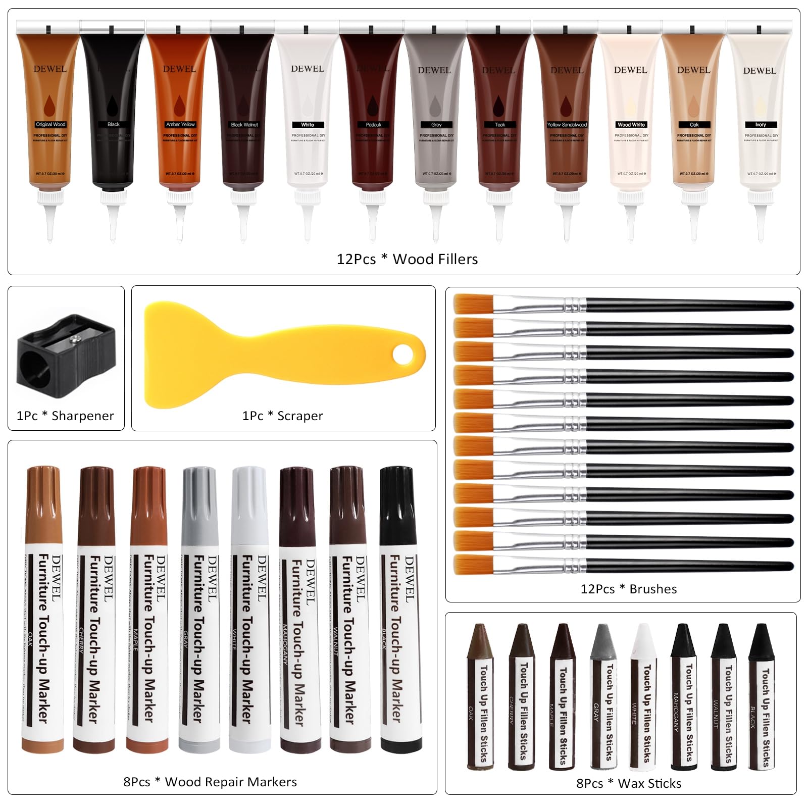 DEWEL 42PCS Wood Furniture Repair Kit – Upgrade Wood Filler, Touch Up Markers & Wax Sticks for Scratches, Cracks & Holes