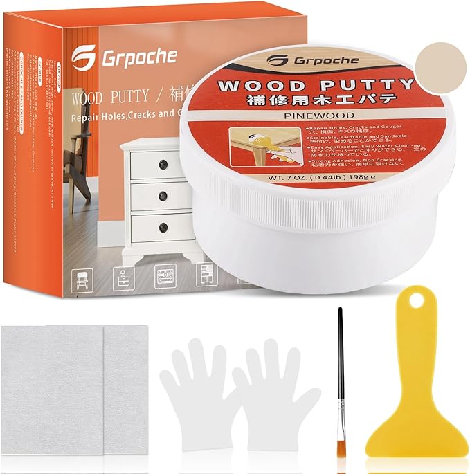 GRPOCHE Gray Wood Filler Putty – Paintable & Stainable, 7oz Furniture Repair Kit