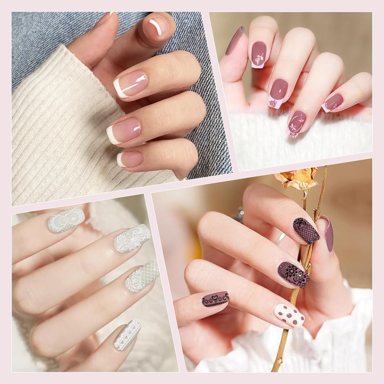 Biutee French Tip Nail Stamping Kit – 2PCS Lace Plates with Stamper & Scraper, DIY Nail Art Templates for Manicure