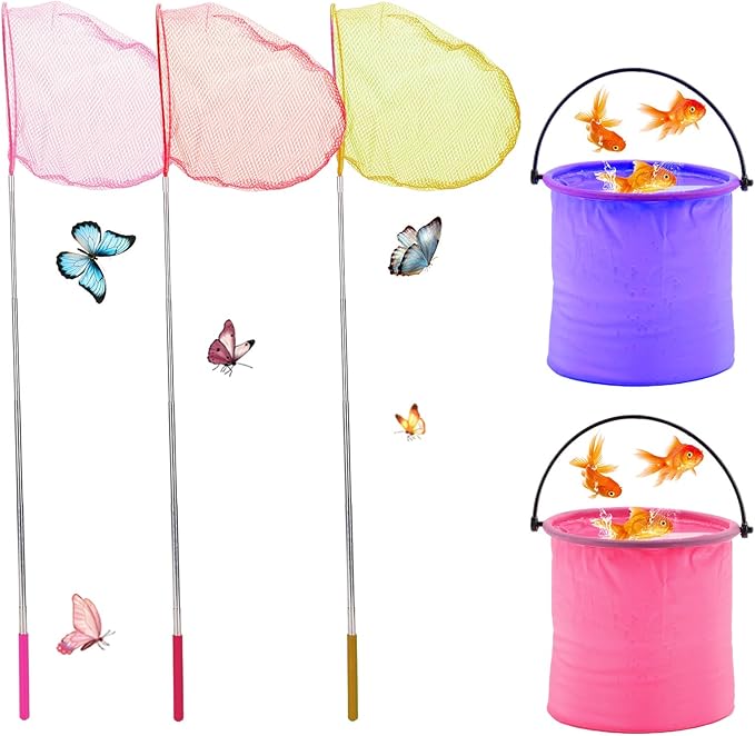 childrens telescopic fishing net DEWEL 3PCS Kids Telescopic Fishing and Butterfly Nets with Foldable Buckets – SEISSO