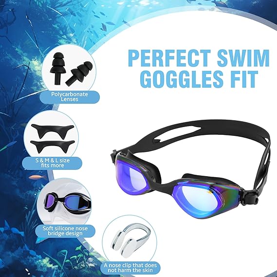 Cyfie Anti-Fog Swim Goggles Set – No Leak, UV Protection, Includes Nose Clip, Earplugs, Swim Cap & Case