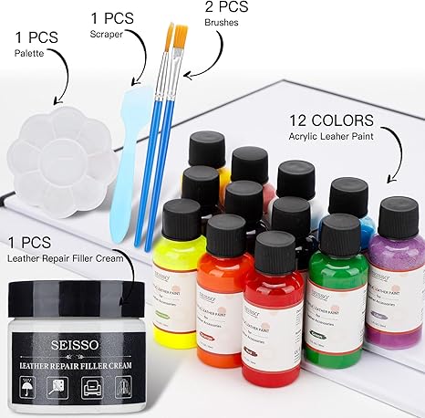 SEISSO レザー・ビニール補修キット 12色 アクリルペイント 靴・家具・バッグ・車のシート用