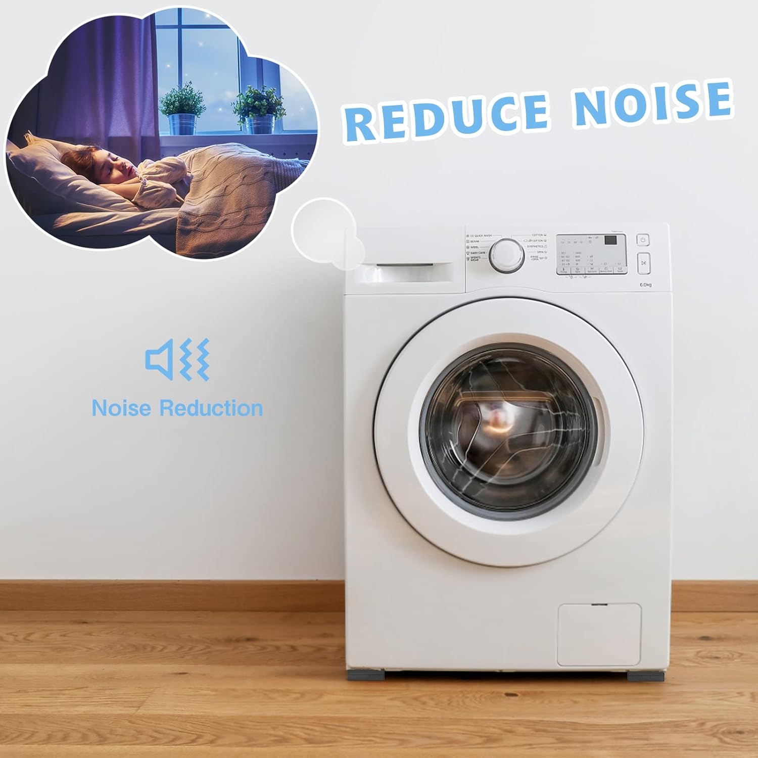 White washing machine with 'Anti Vibration Pads' feature highlighted, showing a person sleeping peacefully.
