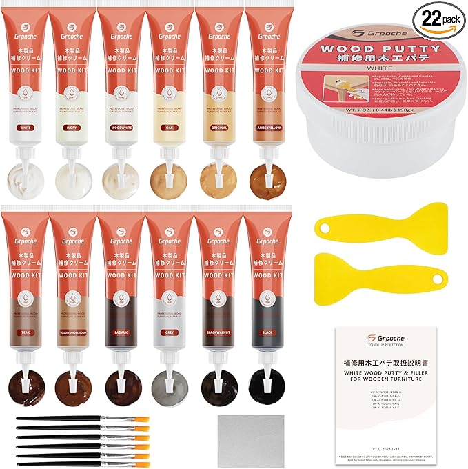 GRPOCHE 22 Pcs Wood Repair Kit – Fillers, Putty & Tools for Furniture & Floor