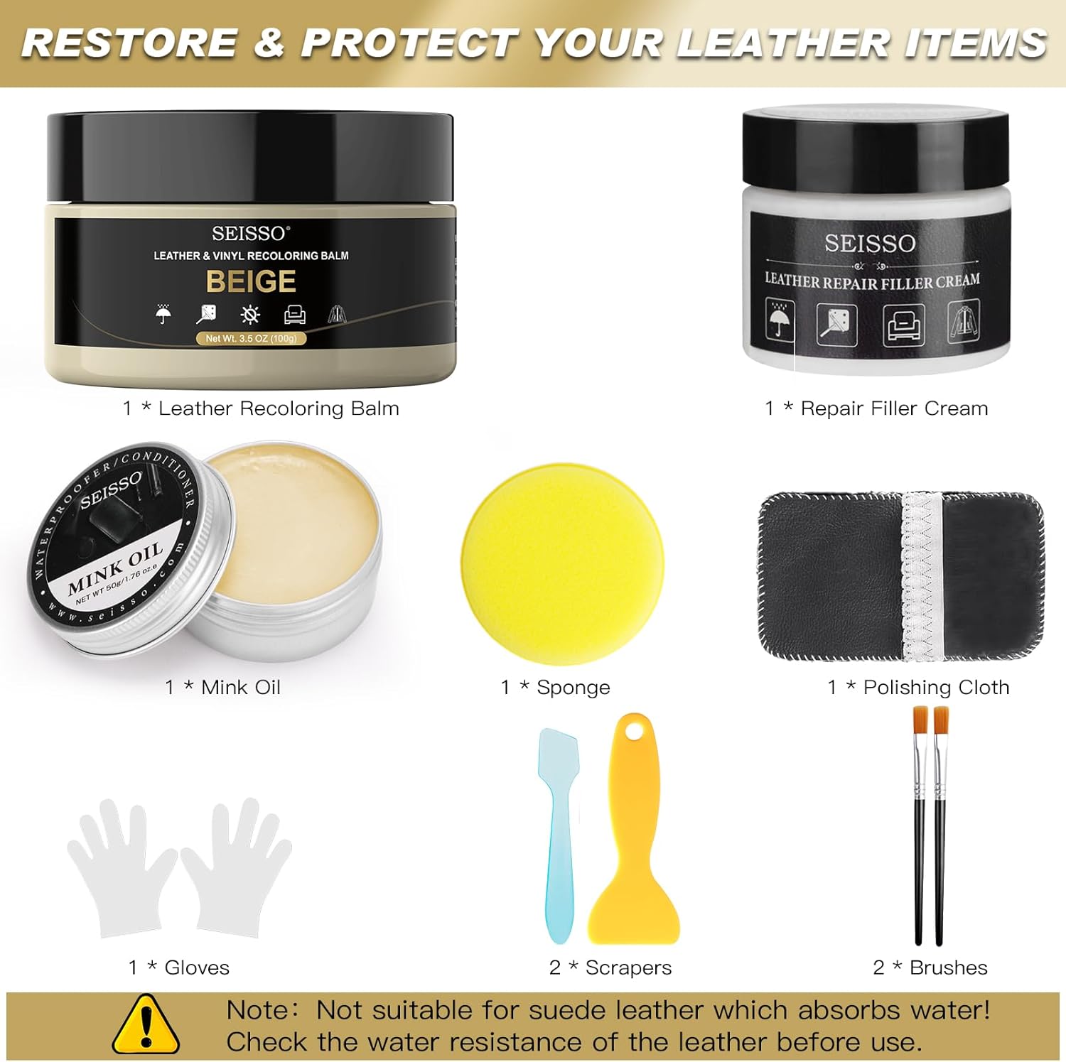 SEISSO Beige Leather Repair Kit with Mink Oil – Recoloring Balm for Furniture, Couch, Car Seat, Shoes