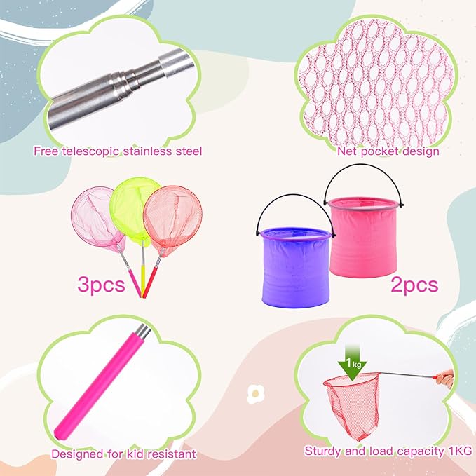 DEWEL 3個セット 子供用 伸縮式釣り&バタフライネット バケツ付き 自然探検おもちゃ