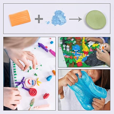 Seisso mica powder used in a collage of kids playing with colorful clay and slime with a process diagram