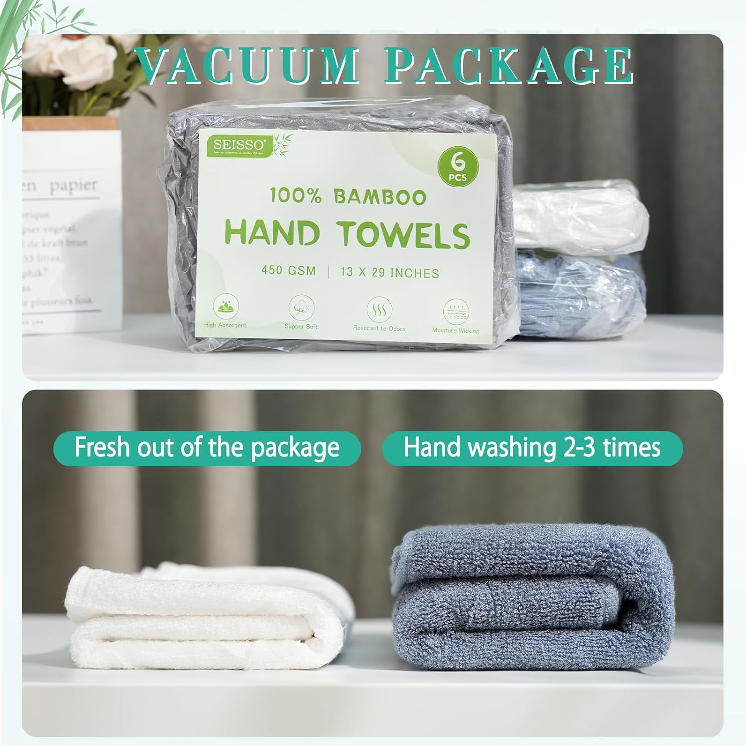 SEISSO 竹製ハンドタオル 6枚パック ソフト 吸水性 速乾性 バスルームタオル 13x29 ブルー
