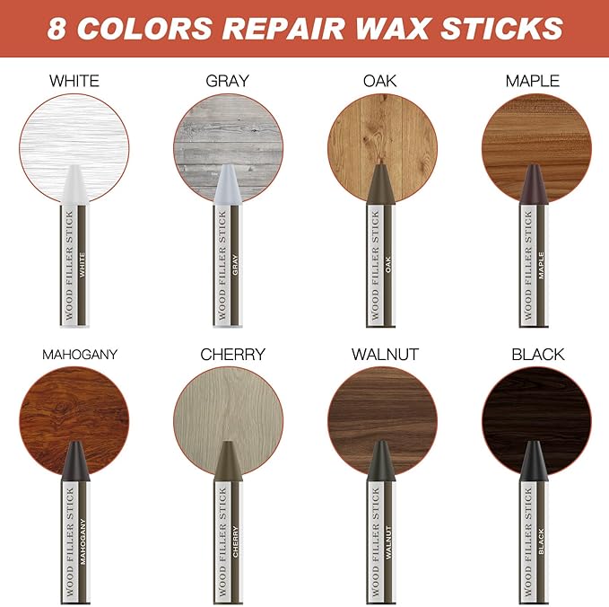 DEWEL 8 Pcs Wood Filler Sticks – Wax Repair Crayons for Furniture & Floor
