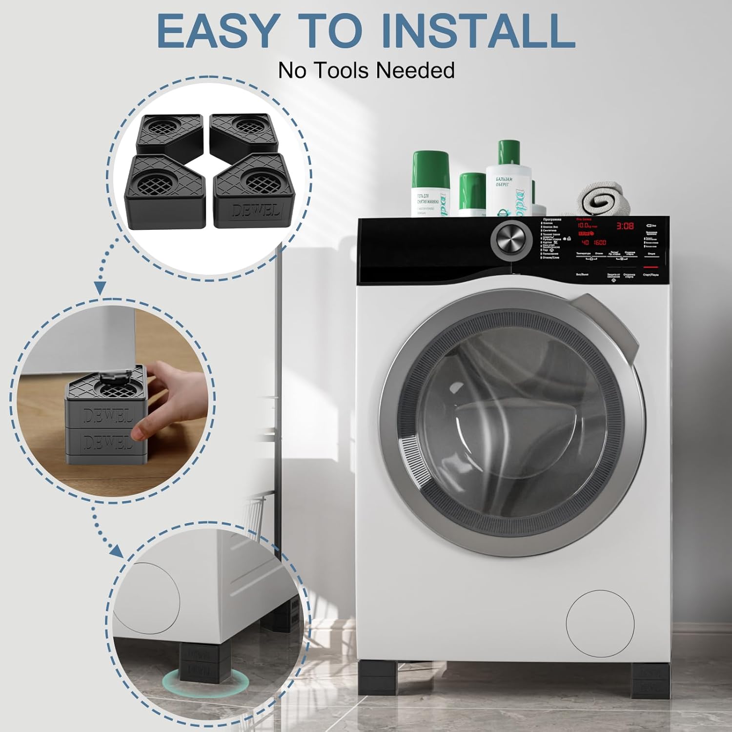 White washing machine with installation instructions on a gray background