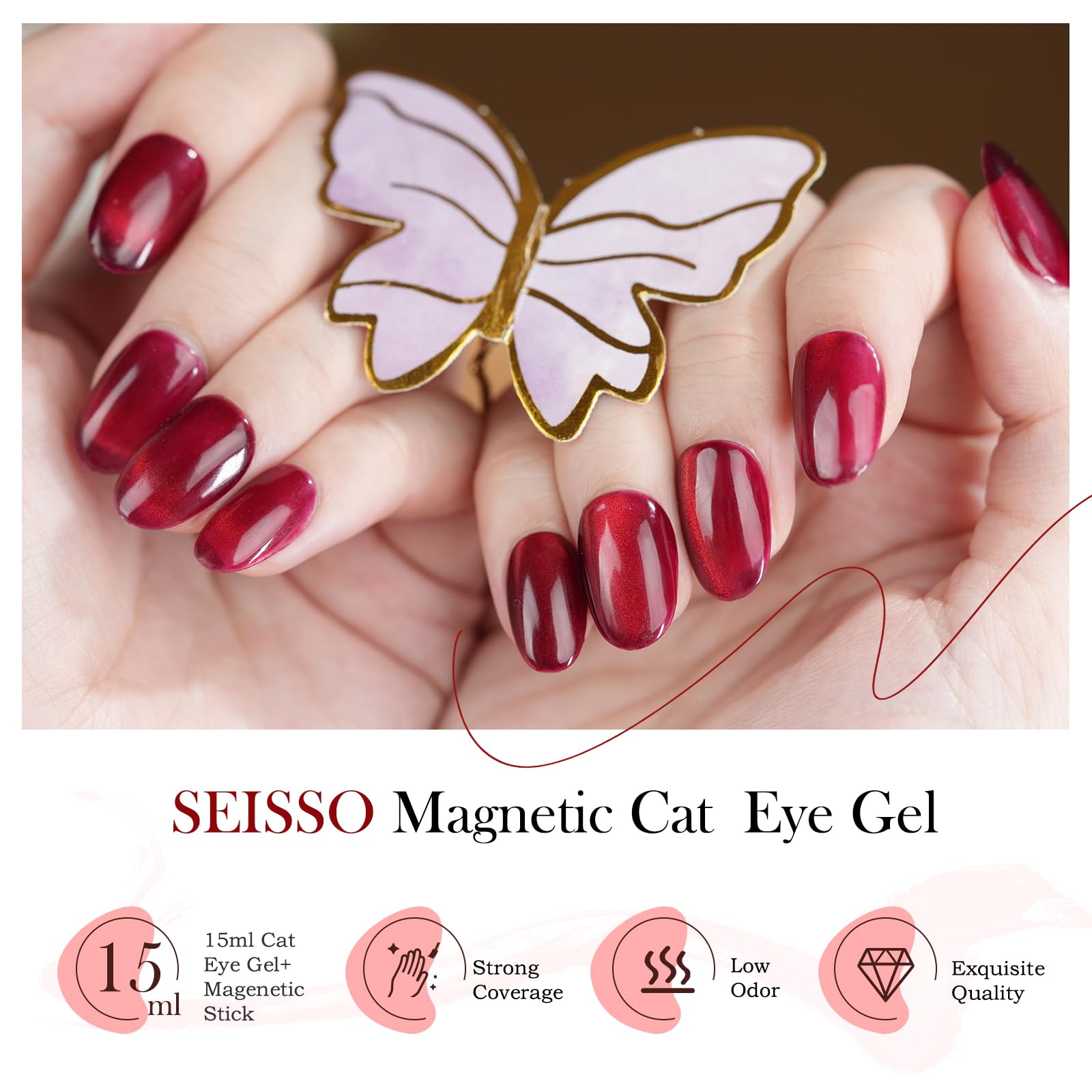 SEISSO Cat Eye Gel Nail Polish – 15ml Wine Red Magnetic UV Gel with Magnet Stick, Shimmer Soak Off Nail Kit