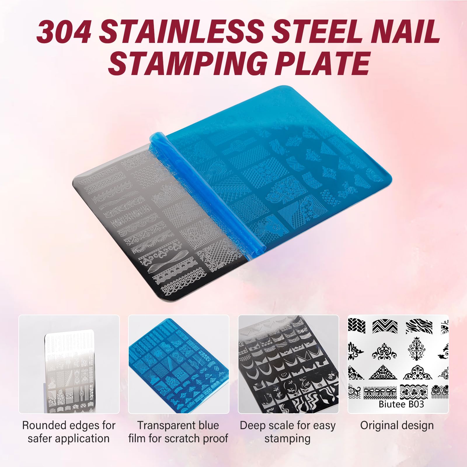 Biutee French Tip Nail Stamping Kit – 2PCS Lace Plates with Stamper & Scraper, DIY Nail Art Templates for Manicure