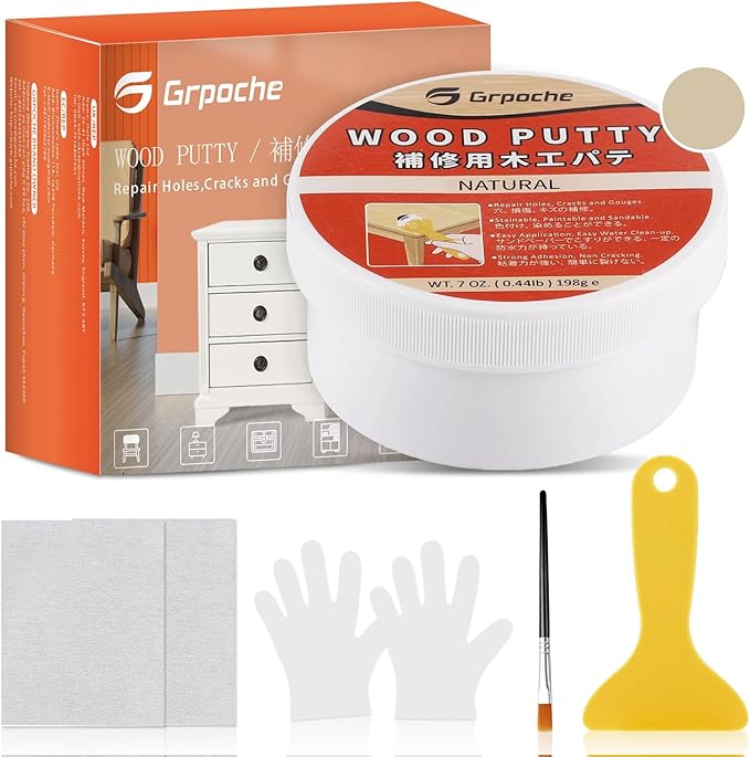 GRPOCHE Gray Wood Filler Putty – Paintable & Stainable, 7oz Furniture Repair Kit