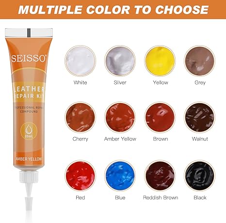SEISSO レザーリペアキット – ソファ、車のシート、靴、バッグ用 12色 – 傷、破れ、穴を修復