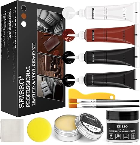 SEISSO Leather & Vinyl Repair Kit with Dye & Mink Oil for Furniture & Car Seats