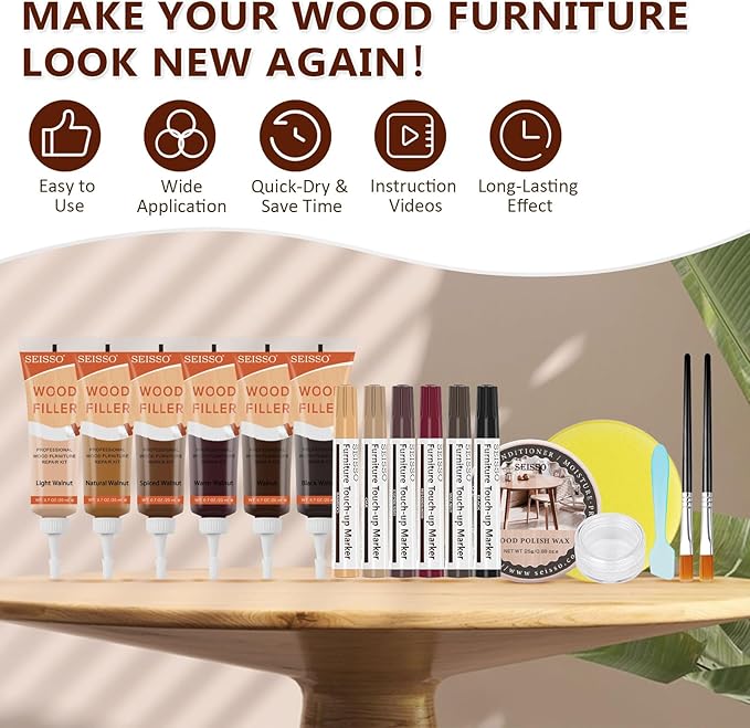 SEISSO Wood Repair Kit – 20 PCS Walnut Wood Filler & Putty Set
