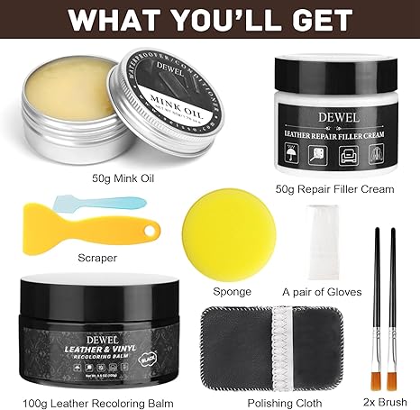 DEWEL レザーリペアキット – ブラックバーム、ミンクオイル、フィラー(ソファ、車のシート、家具など)