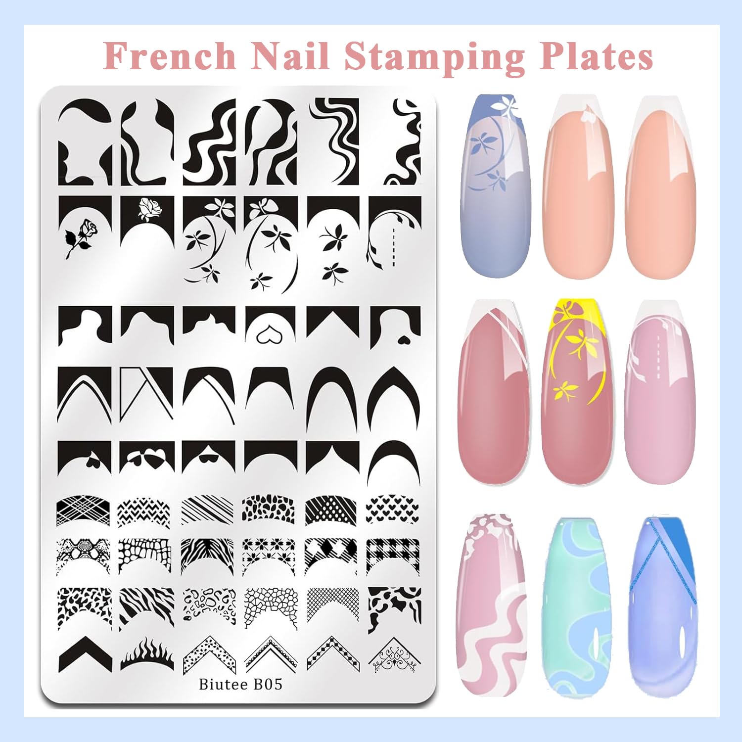 Biutee Nail Stamping Kit – 10PCS French Line Plates with Silicone Stamper for DIY Manicure & Salon Nail Art