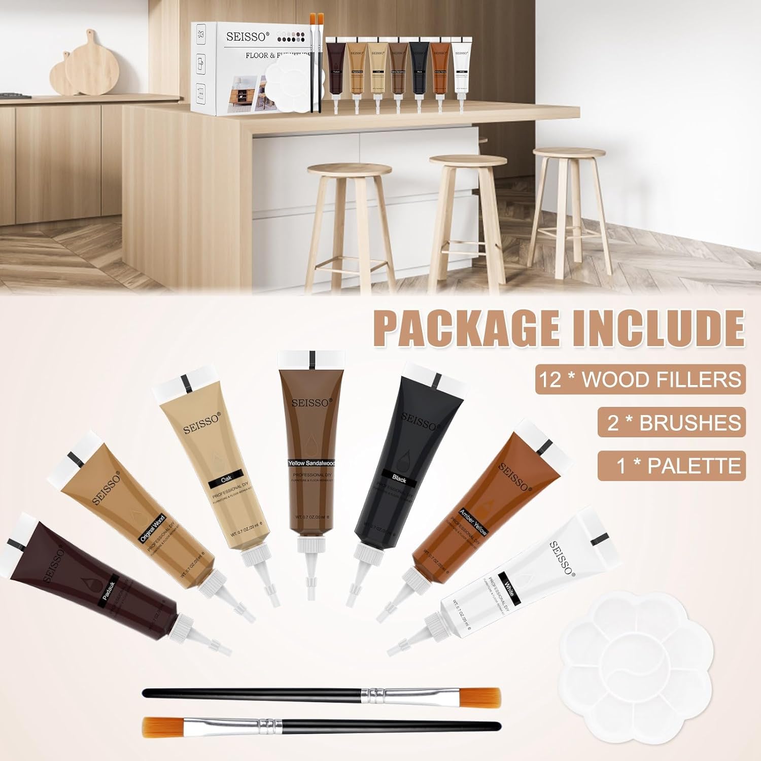 SEISSO Wood Repair Kit 12 Colors Touch Up Fillers for Scratches Stains Floors Tables