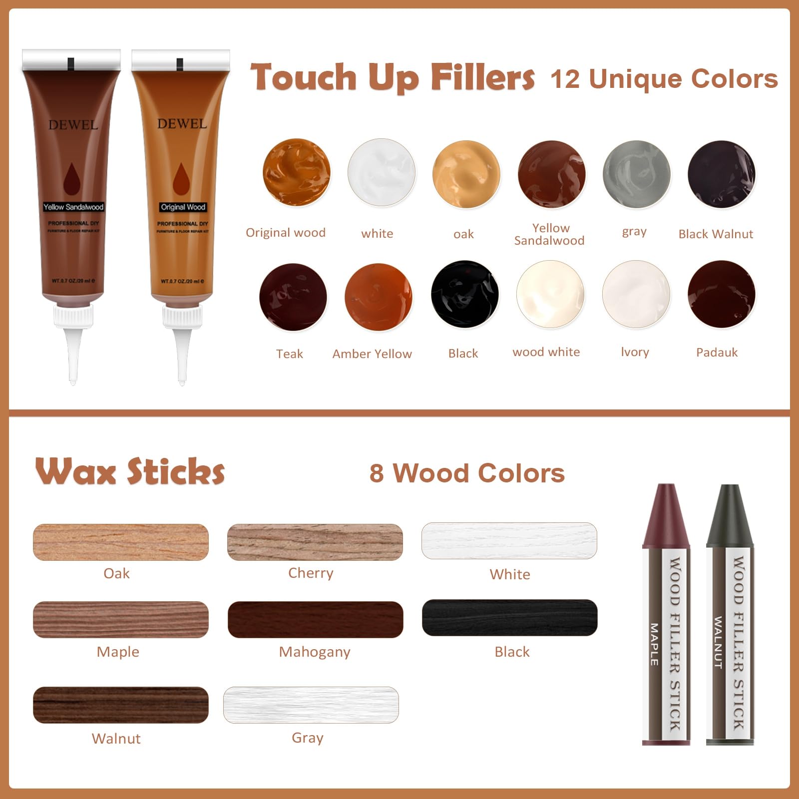 DEWEL 42PCS Wood Furniture Repair Kit – Upgrade Wood Filler, Touch Up Markers & Wax Sticks for Scratches, Cracks & Holes