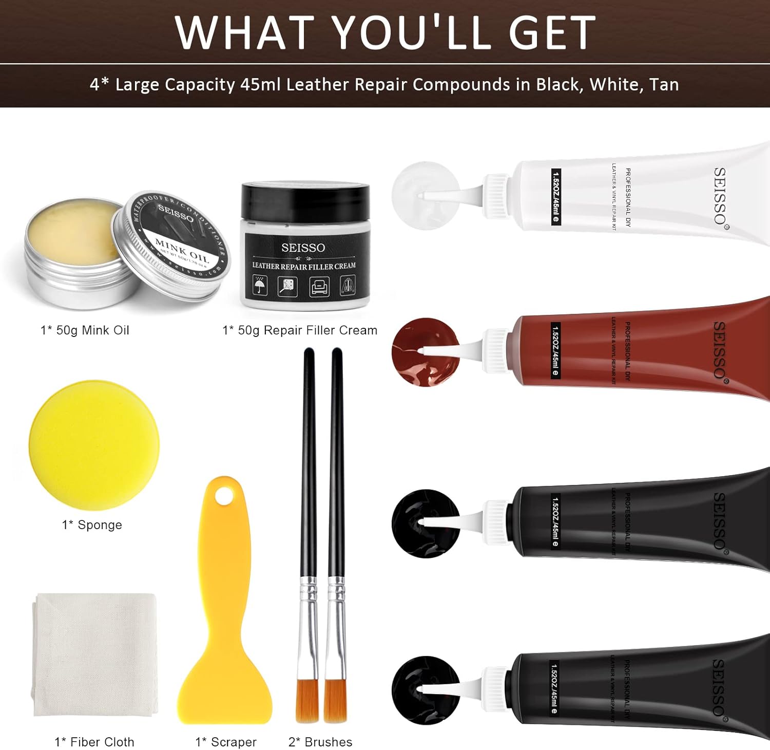 SEISSO Leather & Vinyl Repair Kit with Dye & Mink Oil for Furniture & Car Seats