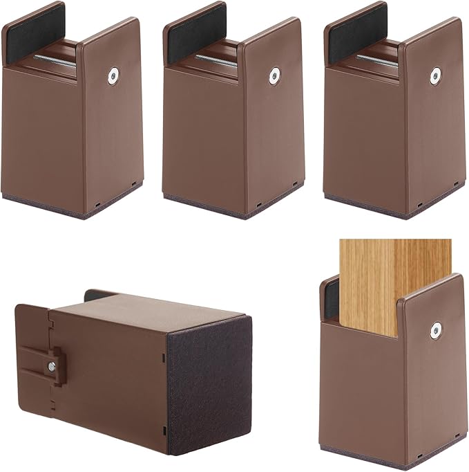 Set of brown heavy duty furniture risers on a white background