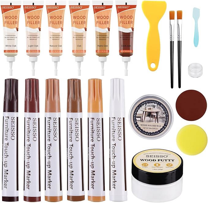 SEISSO Wood Repair Kit –6 Oak Fillers&6 Touch-Up Markers&Wood Putty&Wood Polish Wax