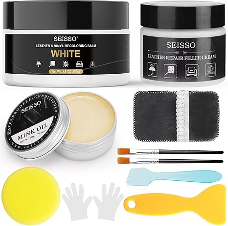 SEISSO White Leather Repair Kit with Recoloring Balm & Mink Oil for Furniture, Car Seats, Shoes & Sofa