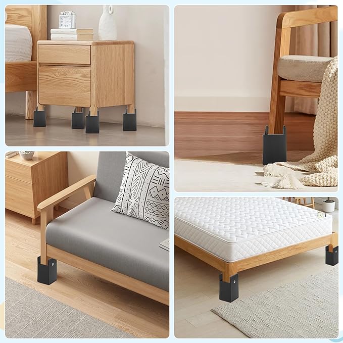 Collage of furniture with black Heavy Duty Furniture Risers in various settings