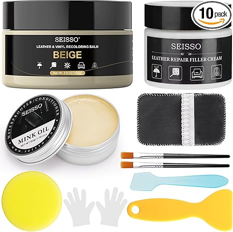 SEISSO Beige Leather Repair Kit with Mink Oil – Recoloring Balm for Furniture, Couch, Car Seat, Shoes