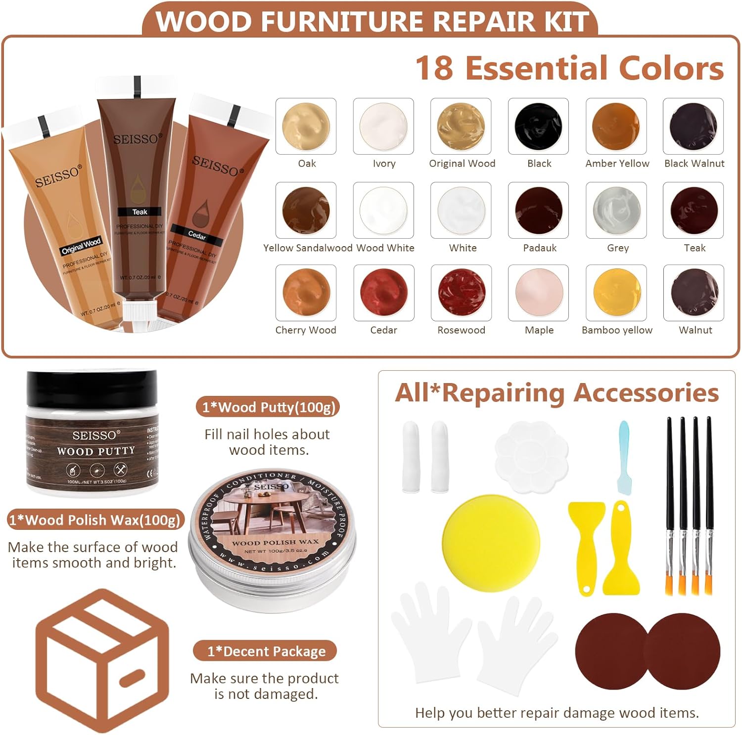 SEISSO 36個入り木製家具修理キット – 床・家具用樹脂充填剤&パテ