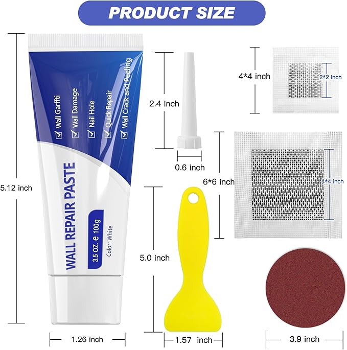 SEISSO ドライウォール補修キット – 3×100g ペースト、パッチ、スクレーパー、サンドペーパー付き