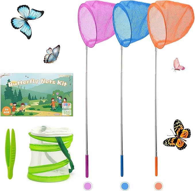 DEWEL 子供用 伸縮式 蝶・昆虫採集ネット 3個パック ポップアップメッシュケージとピンセット付き