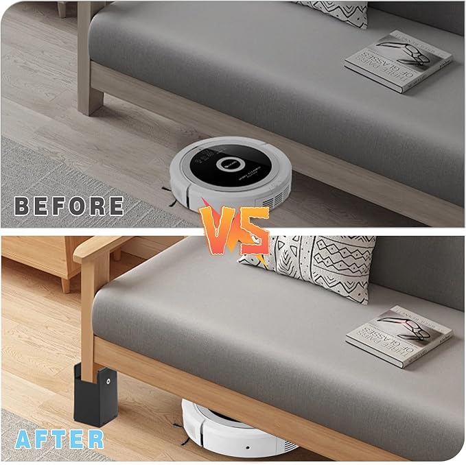 Comparison of a robot vacuum cleaner cleaning under a sofa before and after, with 'Before' and 'After' labels.