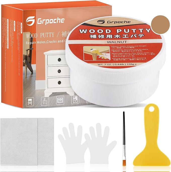 GRPOCHE Gray Wood Filler Putty – Paintable & Stainable, 7oz Furniture Repair Kit