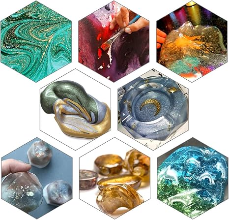 Seisso mica powder used in a hexagonal arrangement of colorful and textured resin art pieces