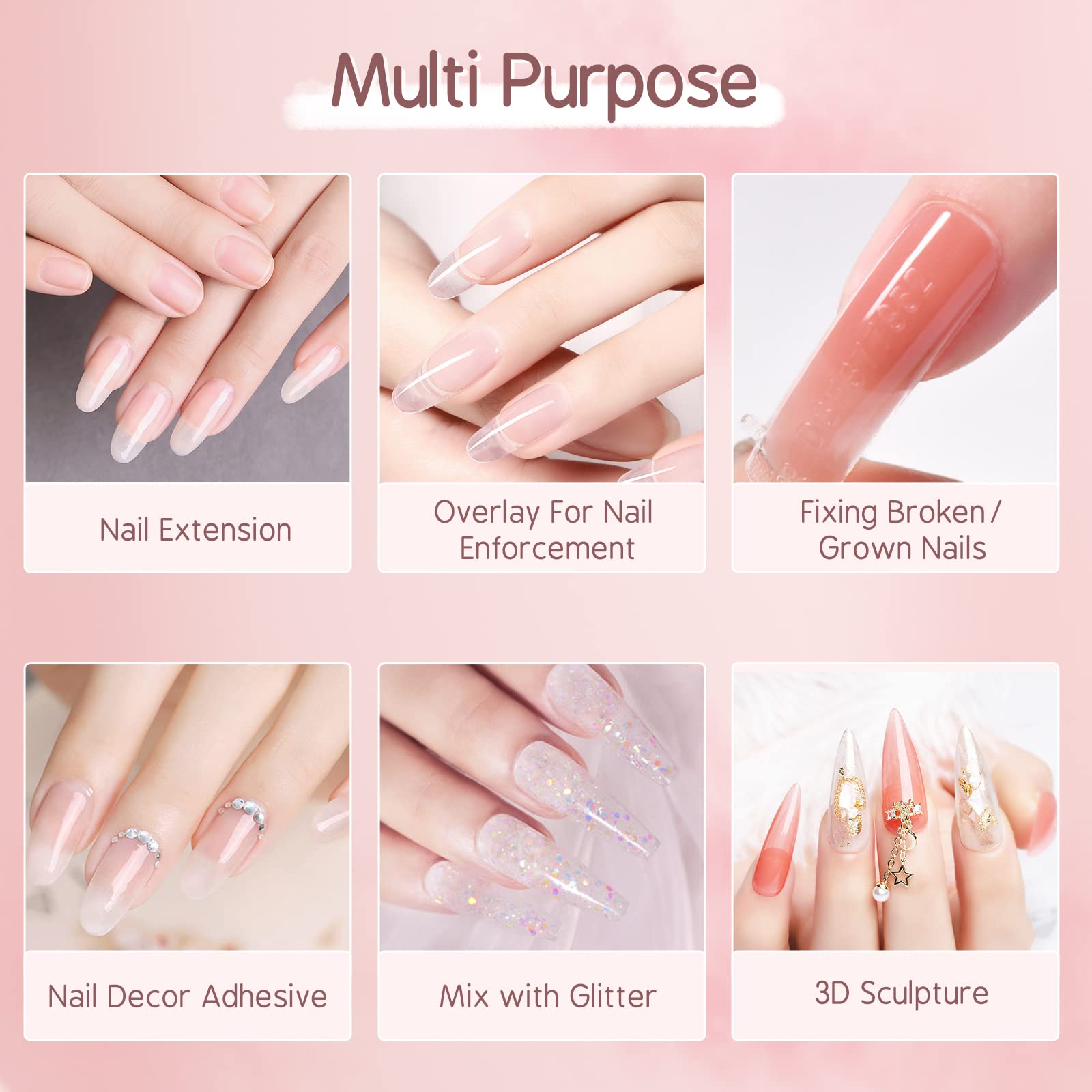 Poly Nail Extension Gel Kit – 7 Colors Builder Gel with Temperature Change, Glitter, Clear & Pink for DIY Manicure at Home